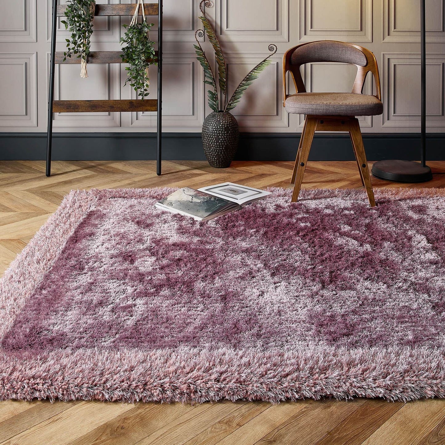 Shimmer Shaggy Border Purple Modern Rugs