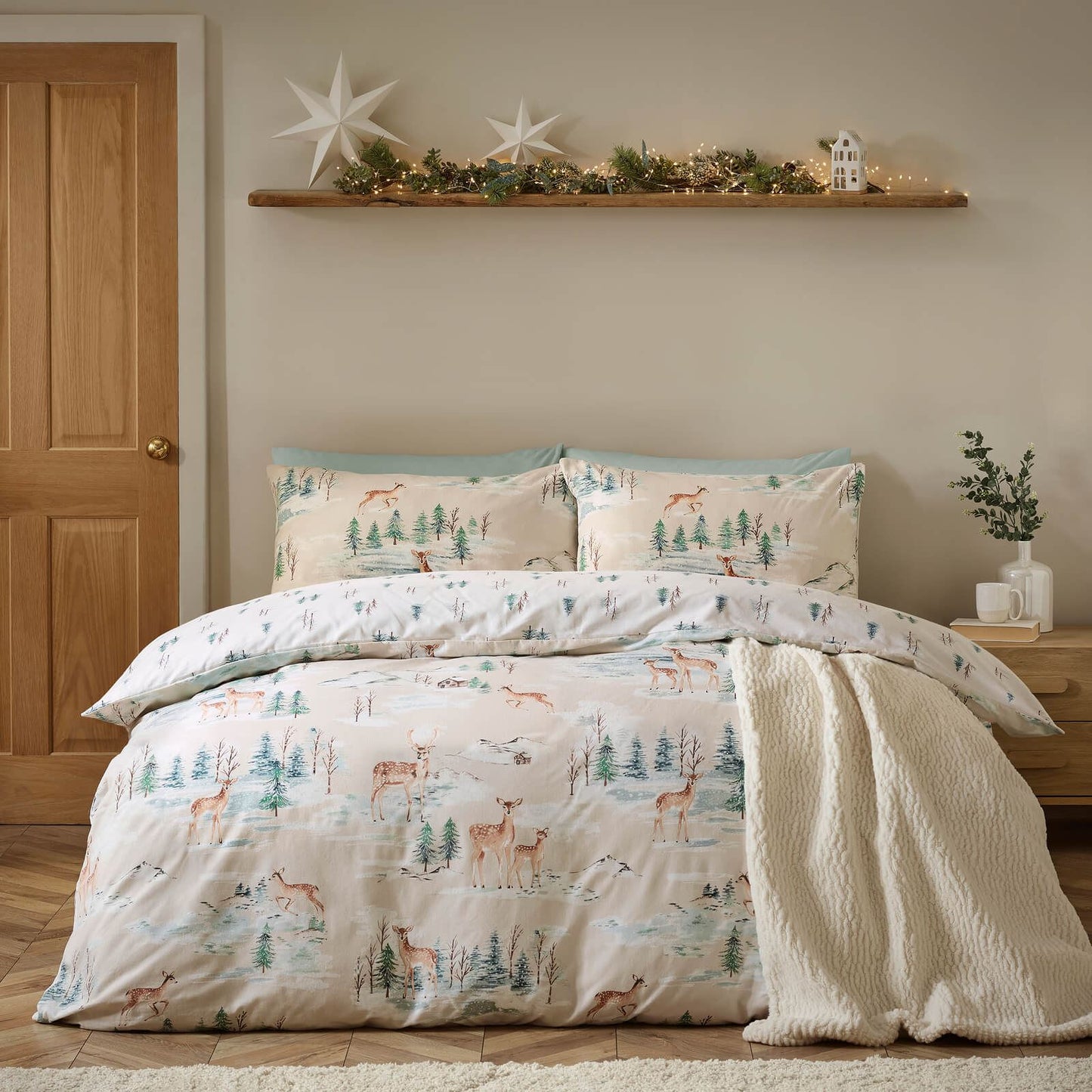 Catherine Lansfield Christmas Deer Print Cotton Bedding Duvet Cover Set Natural