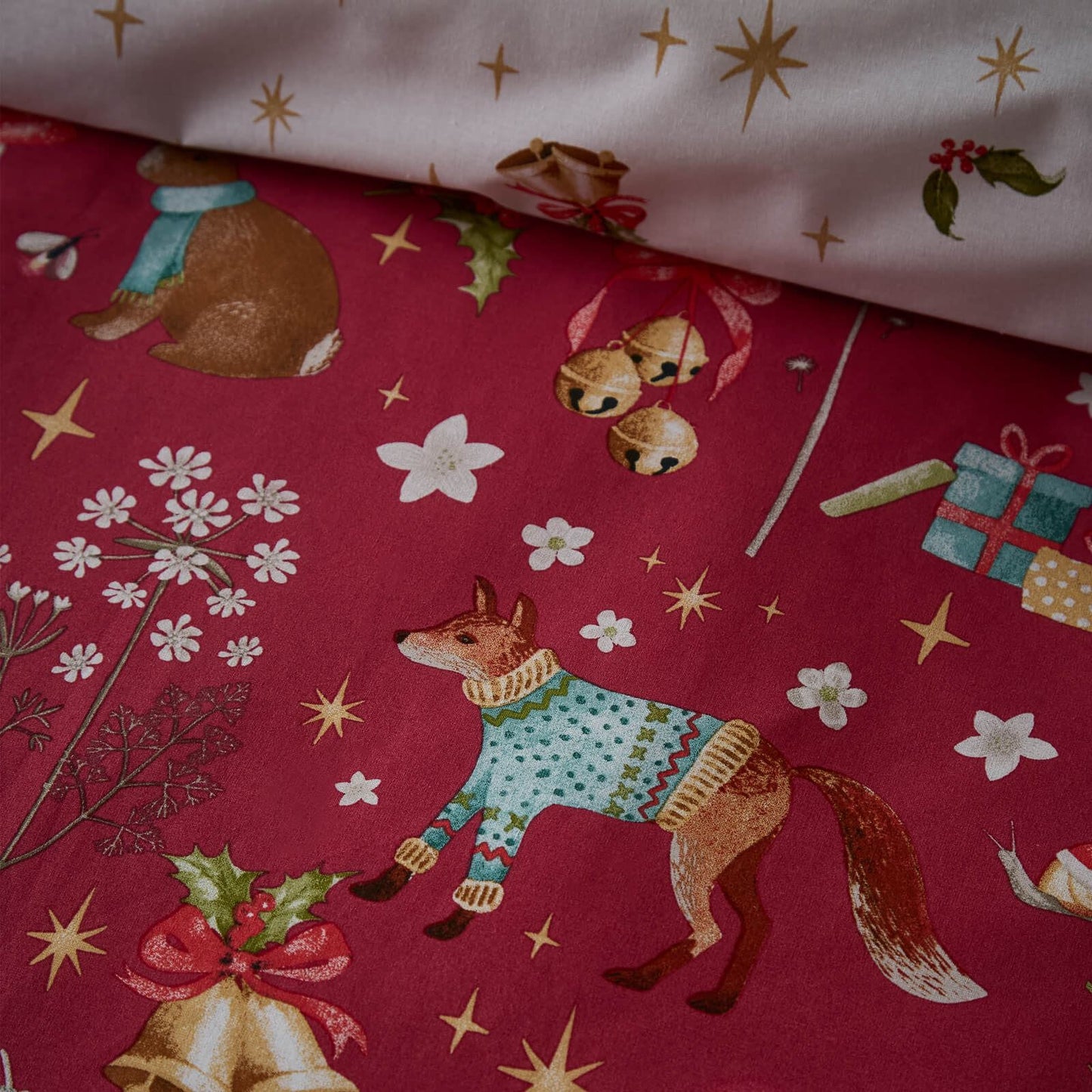 Catherine Lansfield Christmas Enchanted Twilight Reversible Cotton Bedding Duvet Cover Set Red