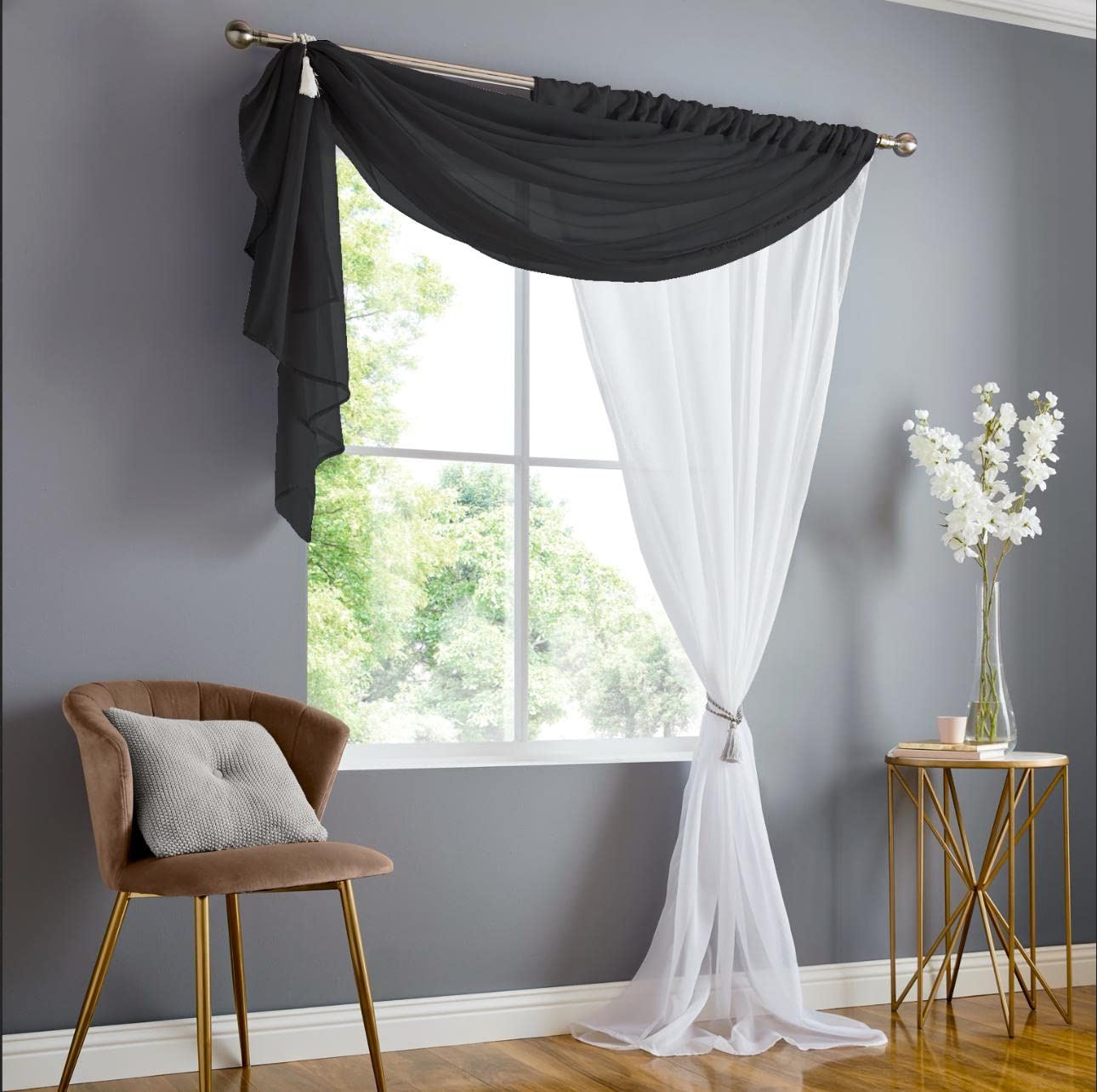 Double Voile Black Slot Top Curtain Panel