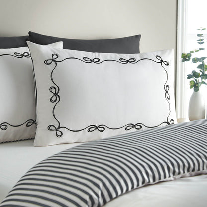 Catherine Lansfield Bow Embroidered Cotton Bedding Duvet Cover Set Cream / Black