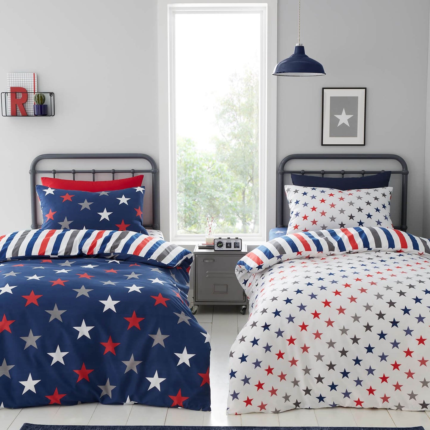 Stripes and Stars Blue White Duvet Cover Set