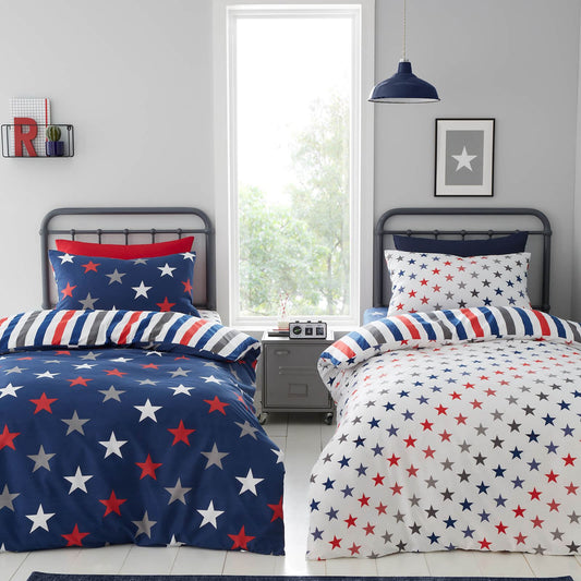 Stripes and Stars Blue White Duvet Cover Set