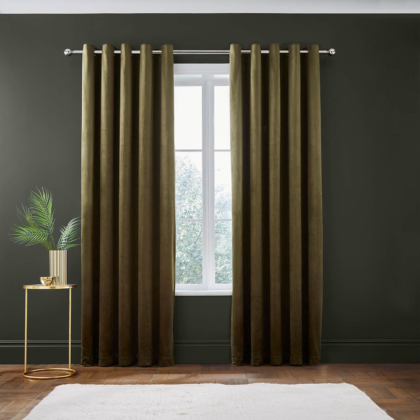 Kingsley Matt Velvet 66x90 Inch Lined Eyelet Curtains Two Panels Olive Green