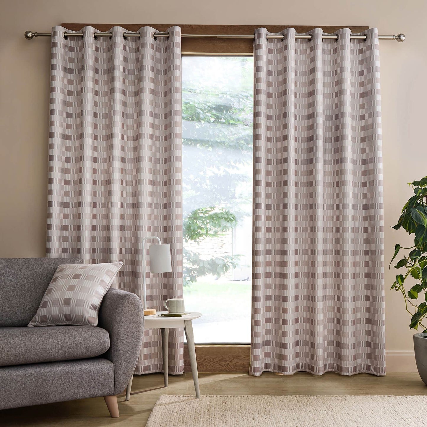 Wilson Check Natural Curtains Two Panels