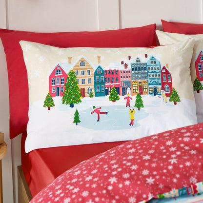 Catherine Lansfield Christmas Town Stamps Reversible Bedding Duvet Cover Set Natural