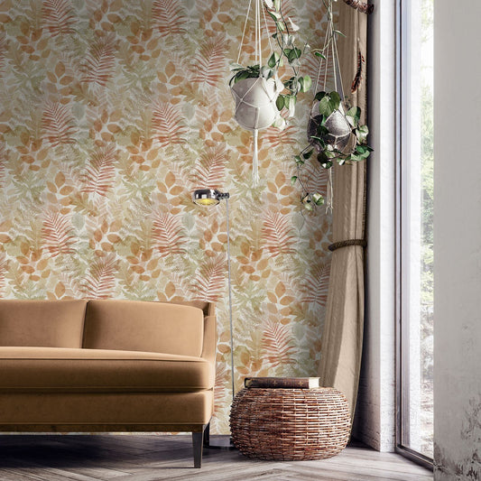 Catherine Lansfield Leaves Natural Wallpaper - 105x53cm