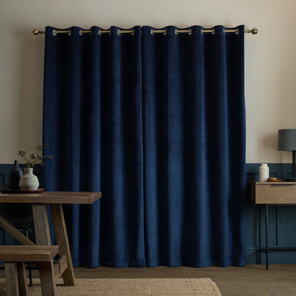 Catherine Lansfield Super Blackout Matt Velour Eyelet Curtains Two Panels Navy Blue