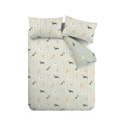Catherine Lansfield Dog Striped Reversible Bedding Duvet Cover Set Green