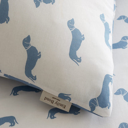 Emily Bond Peggy Dachshund Printed Cotton Bedding Duvet Cover Set Cream / Blue