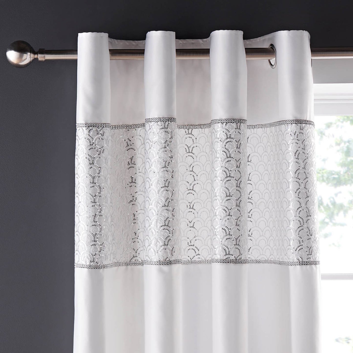 Deco Sequin Lined Eyelet Curtains Two Panels White