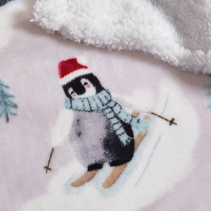 Catherine Lansfield Christmas Sherpa Penguins Cosy Blanket Throw Natural - 130x170cm