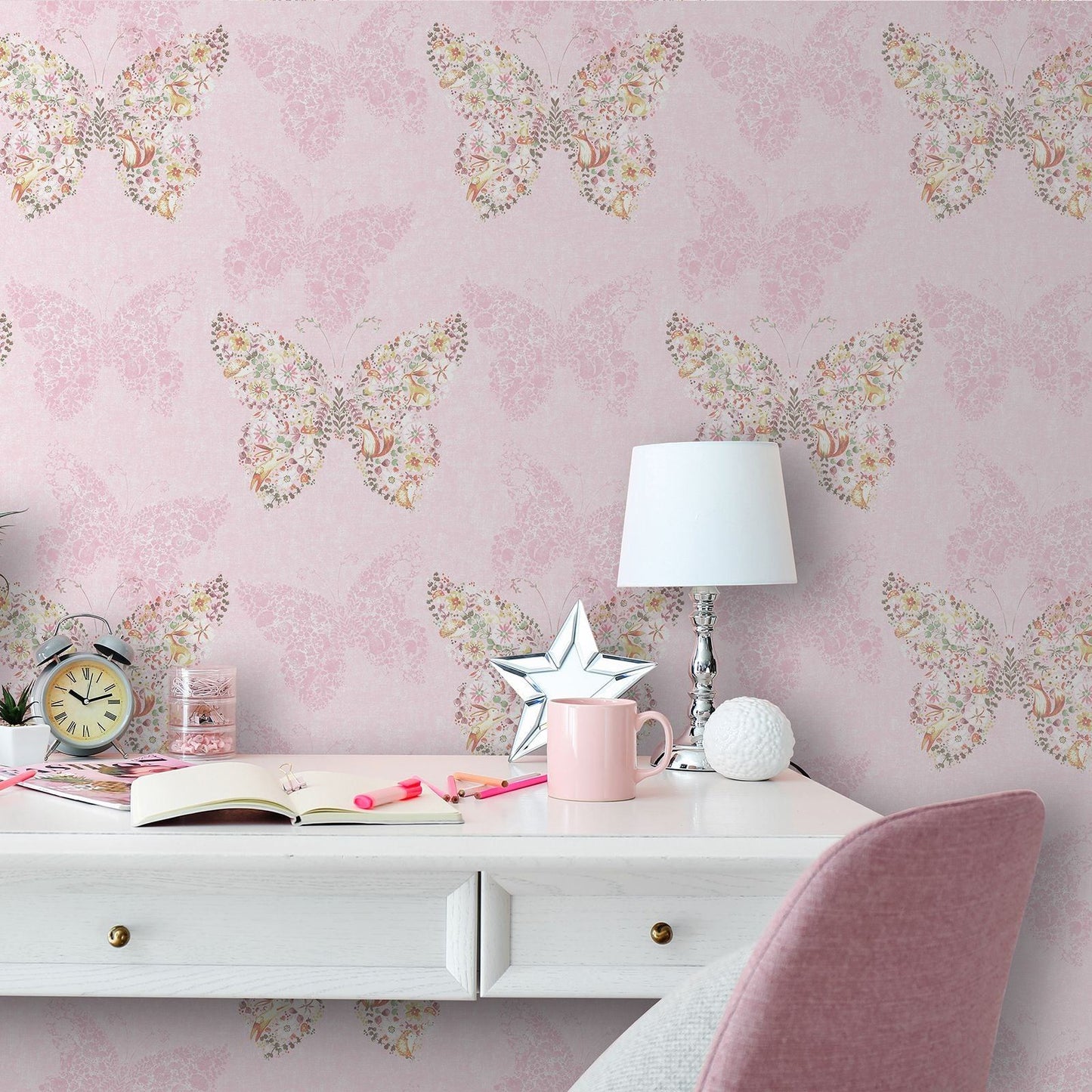 Catherine Lansfield Enchanted Butterfly Pink Wallpaper - 105x53cm