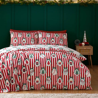 Catherine Lansfield Christmas Vintage Striped Reversible Cotton Bedding Duvet Cover Set Red