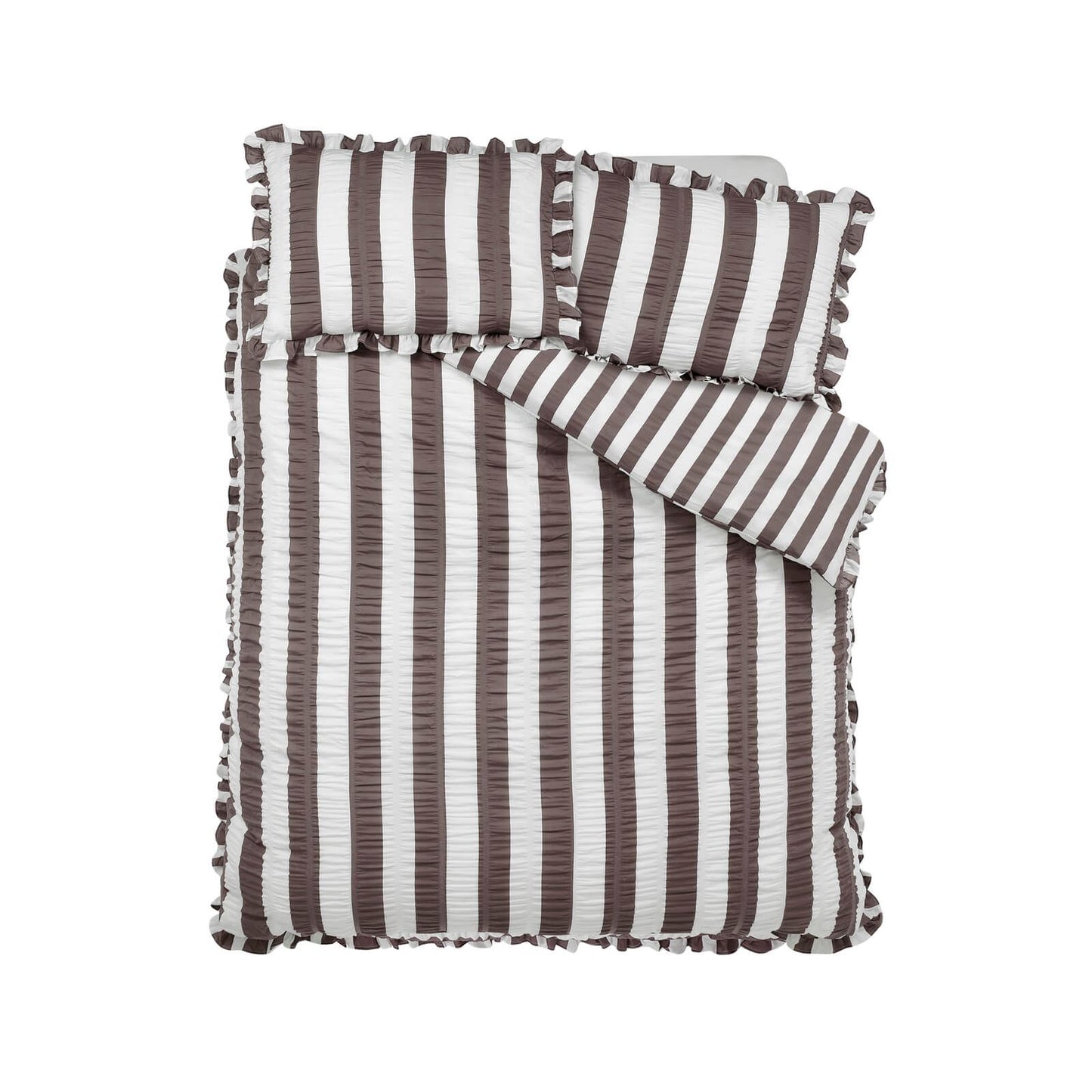 Catherine Lansfield Seersucker Frill Striped Bedding Duvet Cover Set Chocolate