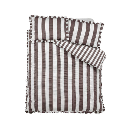 Catherine Lansfield Seersucker Frill Striped Bedding Duvet Cover Set Chocolate