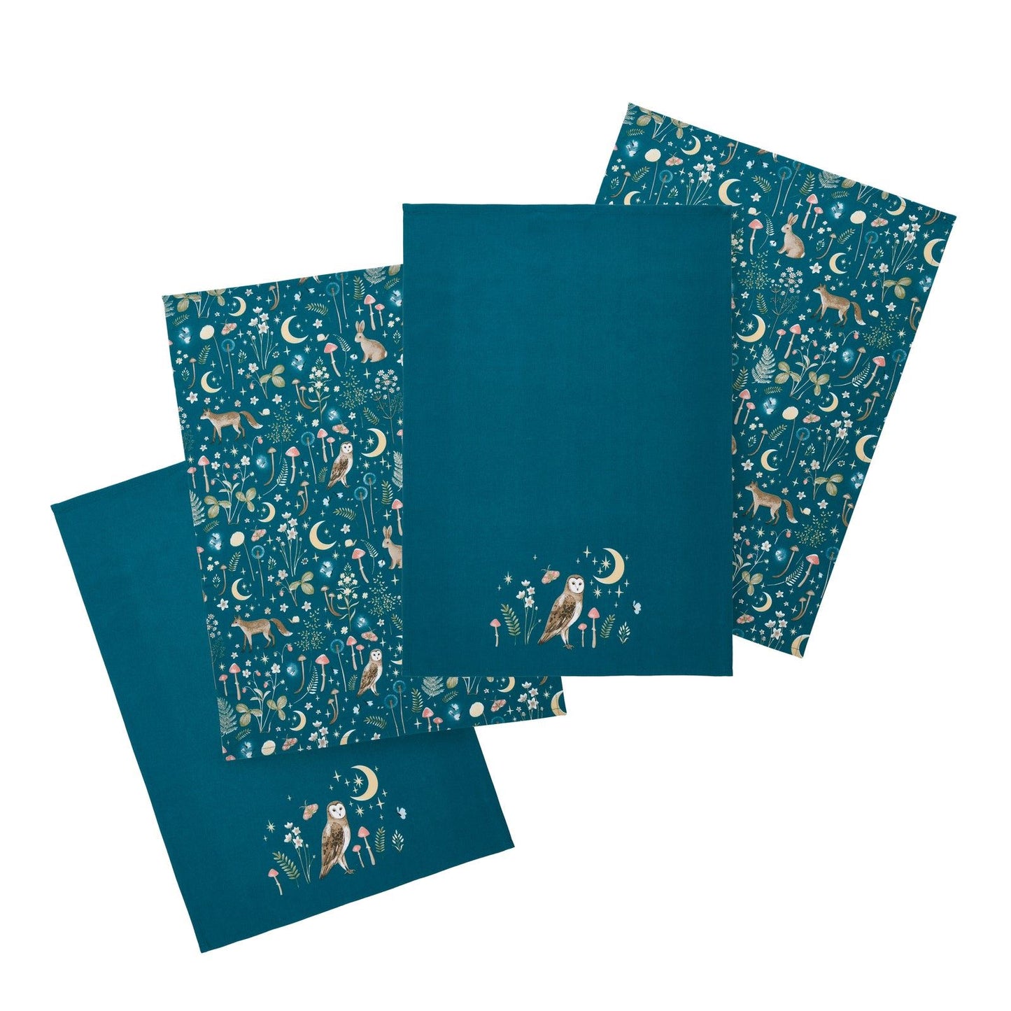 Catherine Lansfield Enchanted Twilight Animals Cotton Kitchen Tea Towel Pack of 4 Green - 50x70cm