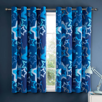 Ombre Stars 66x72 Inch Fully Reversible Eyelet Curtains Two Panels Blue