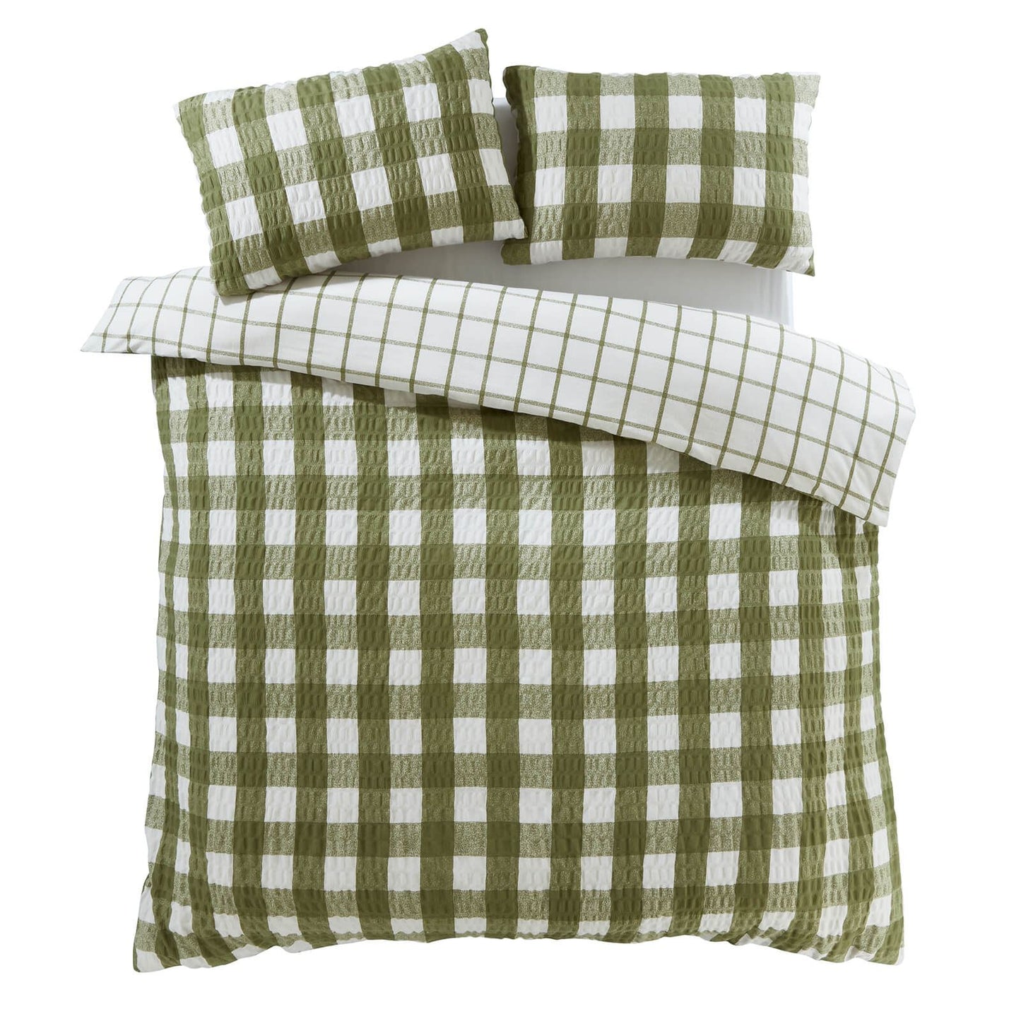 Brushed Seersucker Gingham Olive Duvet Cover Set