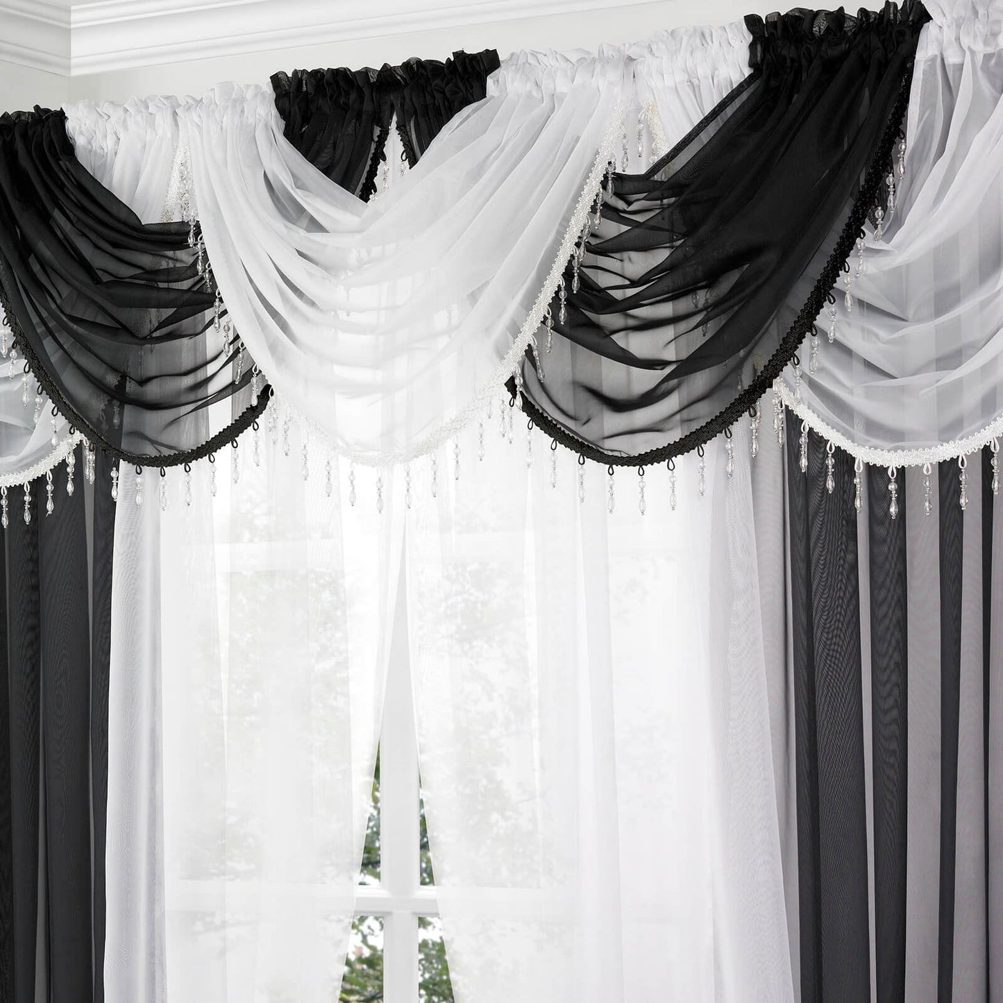 Beaded White Curtain Swag