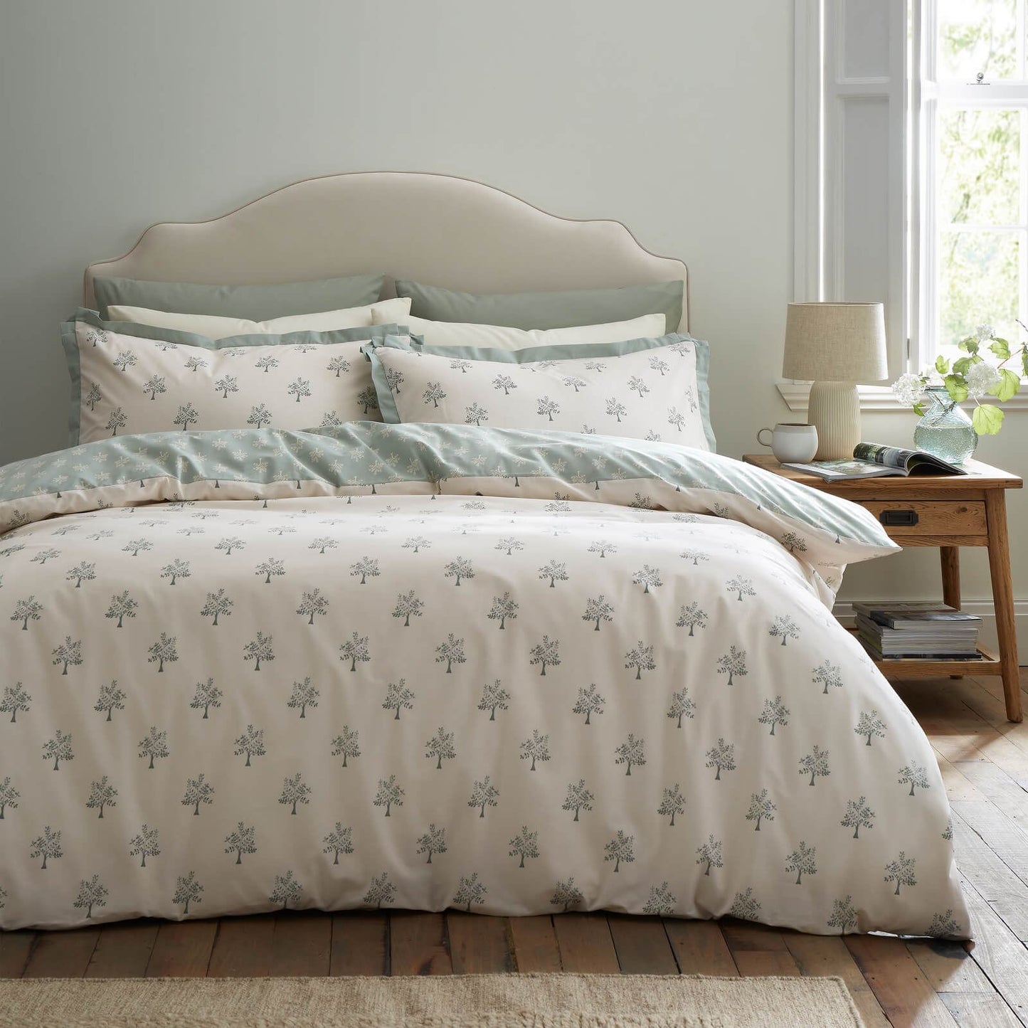 Emily Bond Dapplewood Trees Printed Reversible Cotton Bedding Duvet Cover Set Cream