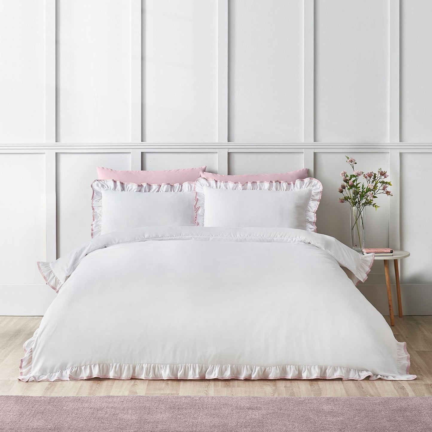 Catherine Lansfield So Soft Mono Frill White / Pink Duvet Cover Set