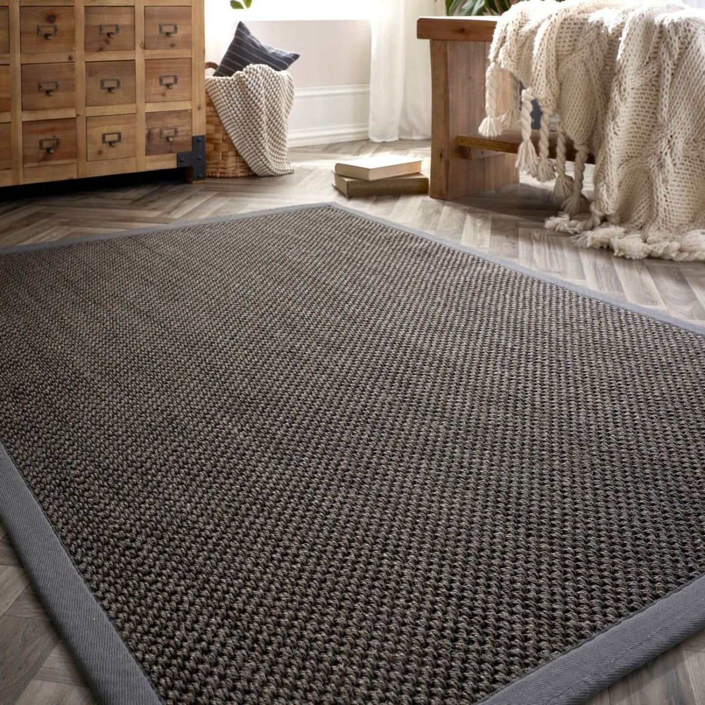 Origins Sisal Rug Dark Grey with Grey Border Rug